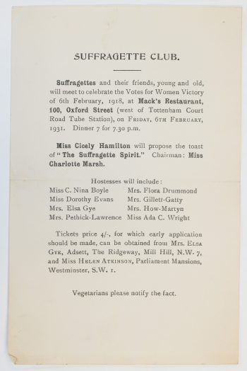Suffragette Club’s invitation: Votes for Women Victory’s anniversary