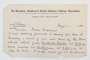 Letter to Maikki Friberg: visit to Women’s Suffrage Association